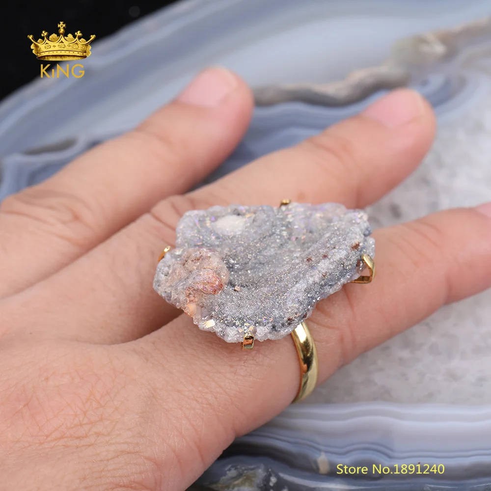 5 шт. срез камня, подвеска из друзы кольца ювелирные изделия поставка, Rock Drusy натуральные Агаты Регулируемые кольца, необработанные друзы бисера массивные кольца для отца подарок