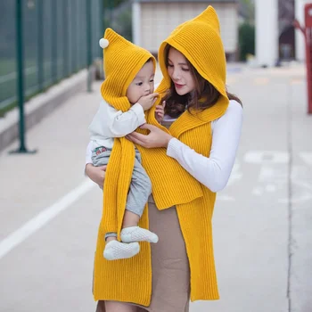 

Winter New Luxury Brand Women Wool Hooded Poncho With Hat Winter Warm Scarves Lady Wraps Knitted Hood Scarf Solid