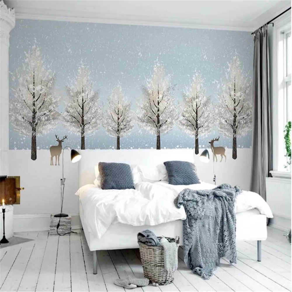 

Milofi custom elegant minimalist Nordic style abstract tree snow scene elk TV background wall