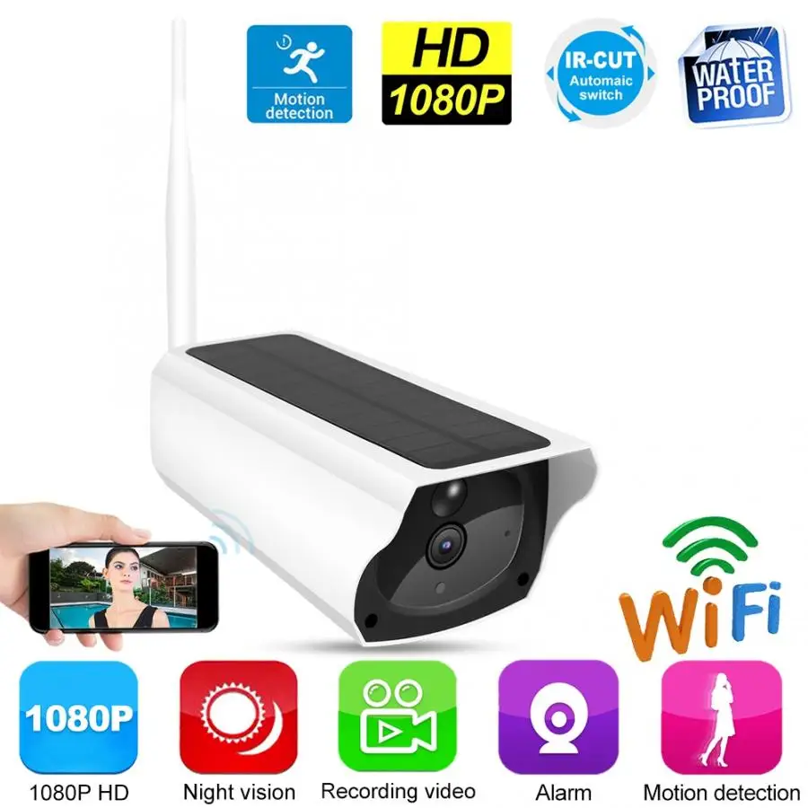 

security camera HD 1080P Solar Wifi Security Bullet Camera Outdoor Waterproof Webcam with 2 Batteries