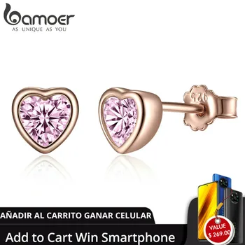 

BAMOER 100% 925 Sterling Silver 3 Colors Heart Dazzling Pink CZ Stud Earrings for Women Sterling Silver Jewelry Gift PAS452-J