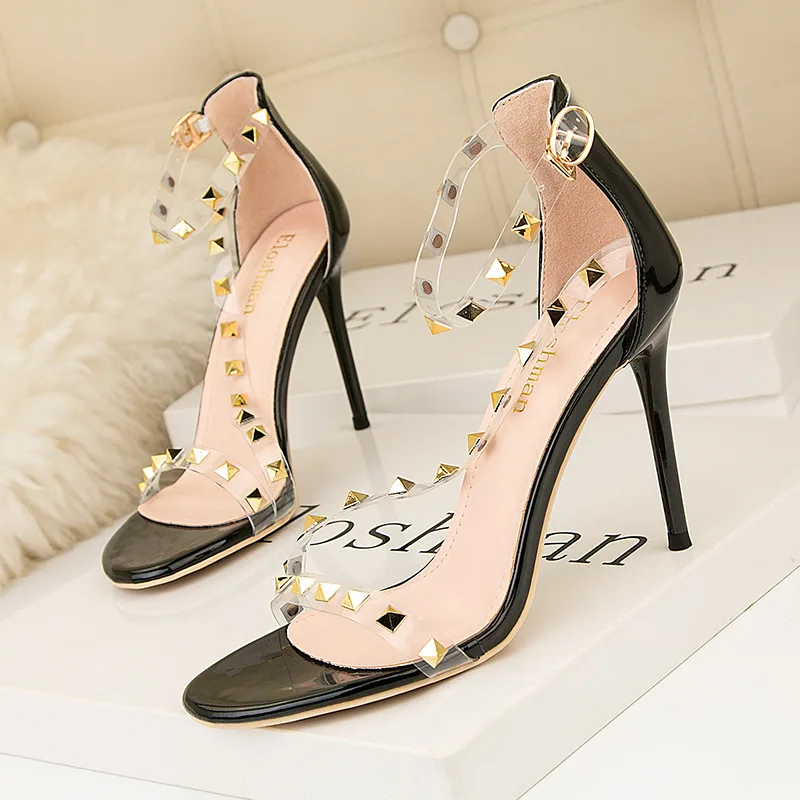 10cm thin heel super high heel rivet shallow mouth pointed sexy ...
