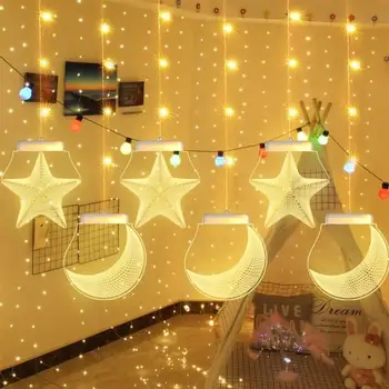 

6PCS USB Star Moon Hanging String Light Colorful LED Curtain Light Remote Control Party Light for Wedding Festival New Year