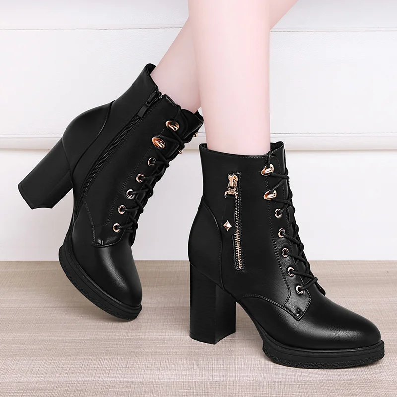 

European and American Fashion Round Toe Zipper Women's Shoes Super High Thick Heel Leather Ankle Boots Womens Platform Heels