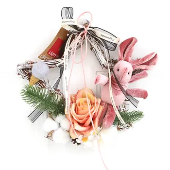 

Christmas Hanging Wall Ornament Handwork Rattan Bunny Door Wreath Artificial Flower Wreath Hanging Decoration Photography Props