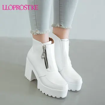 

Lloprost ke Black White Platform Ankle Boots for Women High Heels Boots Ladies Zip Autumn Winter Booties Woman Boots Shoes 2019