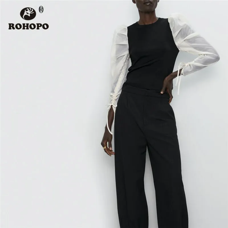 

ROHOPO Round Collar Splice Autumn Blouse Chiffon Puff Long Sleeve Jersey Body Pullover Tops Blusa Tie Cuff Draped Shoulder #2331