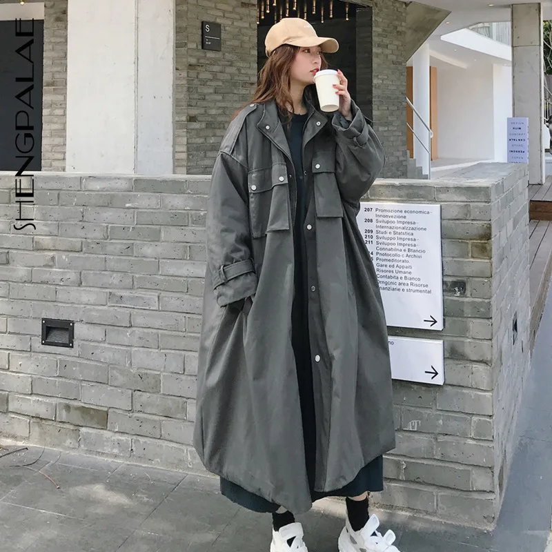 SHENGPALAE, новинка, модные зимние женские парки, свободные, повседневные, одноцветные, со стоячим воротником, длинные, уличные, хлопковые куртки для женщин A292