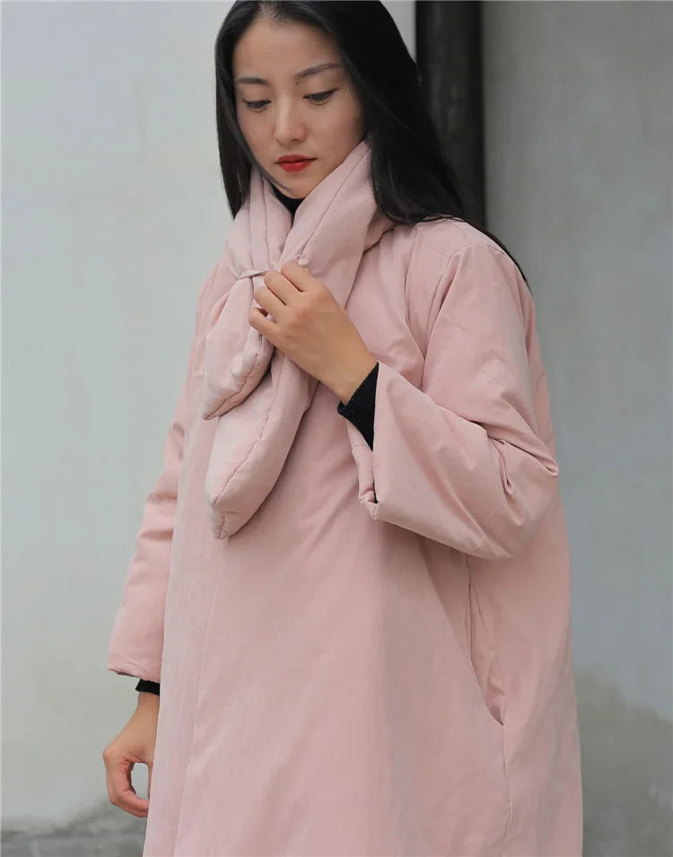 Johnature Women Chinese Style Parkas Solid Color Long Sleeve Winter New V-Neck Button Loose Women Cloths Vintage Parkas