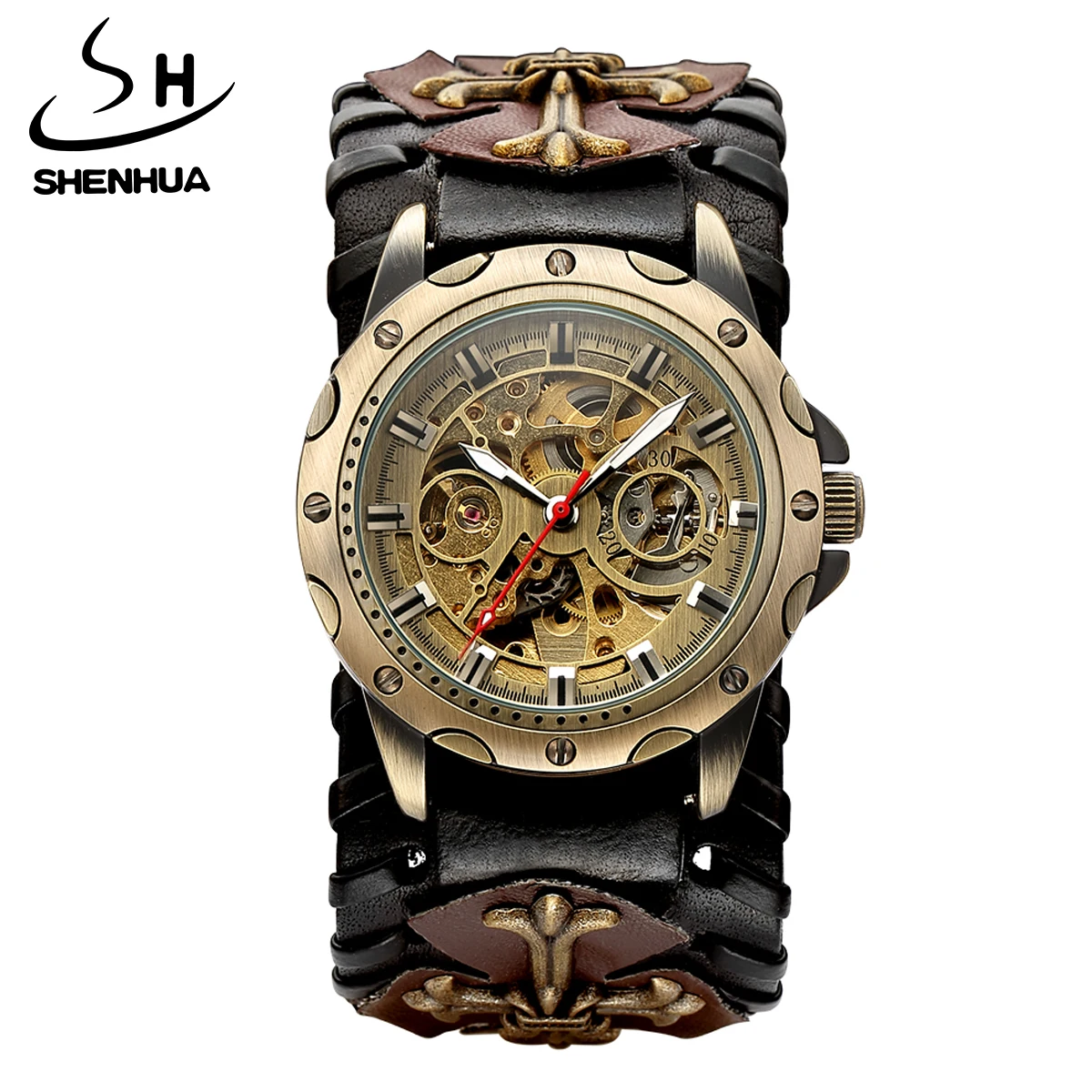 Shenhua Relógio Gótico do Vintage Marrom Rock Steampunk Esqueleto Tourbillon Masculino Mecânico Automático Relógio Luminoso Aço Inoxidável - Image 5