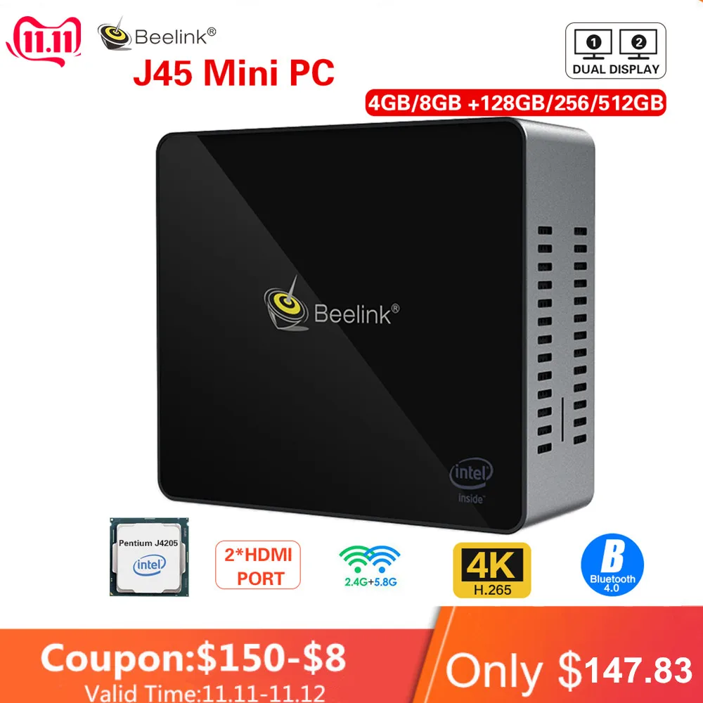 Мини-ПК Beelink J45 Win 10 Intel Apollo Lake Pentium J4205 8 GB 128/256/512 GB 2,4 GHz + 5,8 GHz WiFi BT4.0 поддержка Netfix 4 K H.265