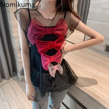 

Nomikuma Korean Sweet Mesh Blouse Two Pieces Sets 3D Bowknot Stitch Short Sleeve O-neck Tops + Basic Solid Sling Vest Suit 6A613