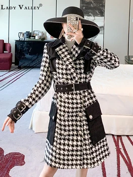 

Heavy Craft Houndstooth Pattern Stitching Washing Denim Woolen Jacket Women Fall Winter Wear Bandage Waist Woolen Coat