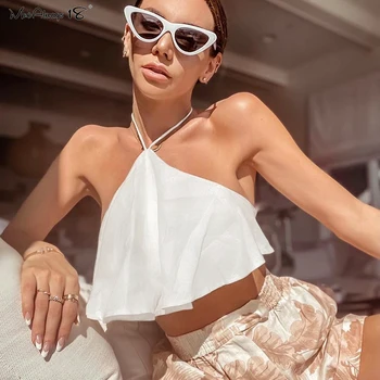 

Mnealways18 Halter Neck White Ruffle Sexy Top Women Backless Cami Summer Wrap Crop Top Bow Lace-Up Camisole Frill Tops Chic 2020