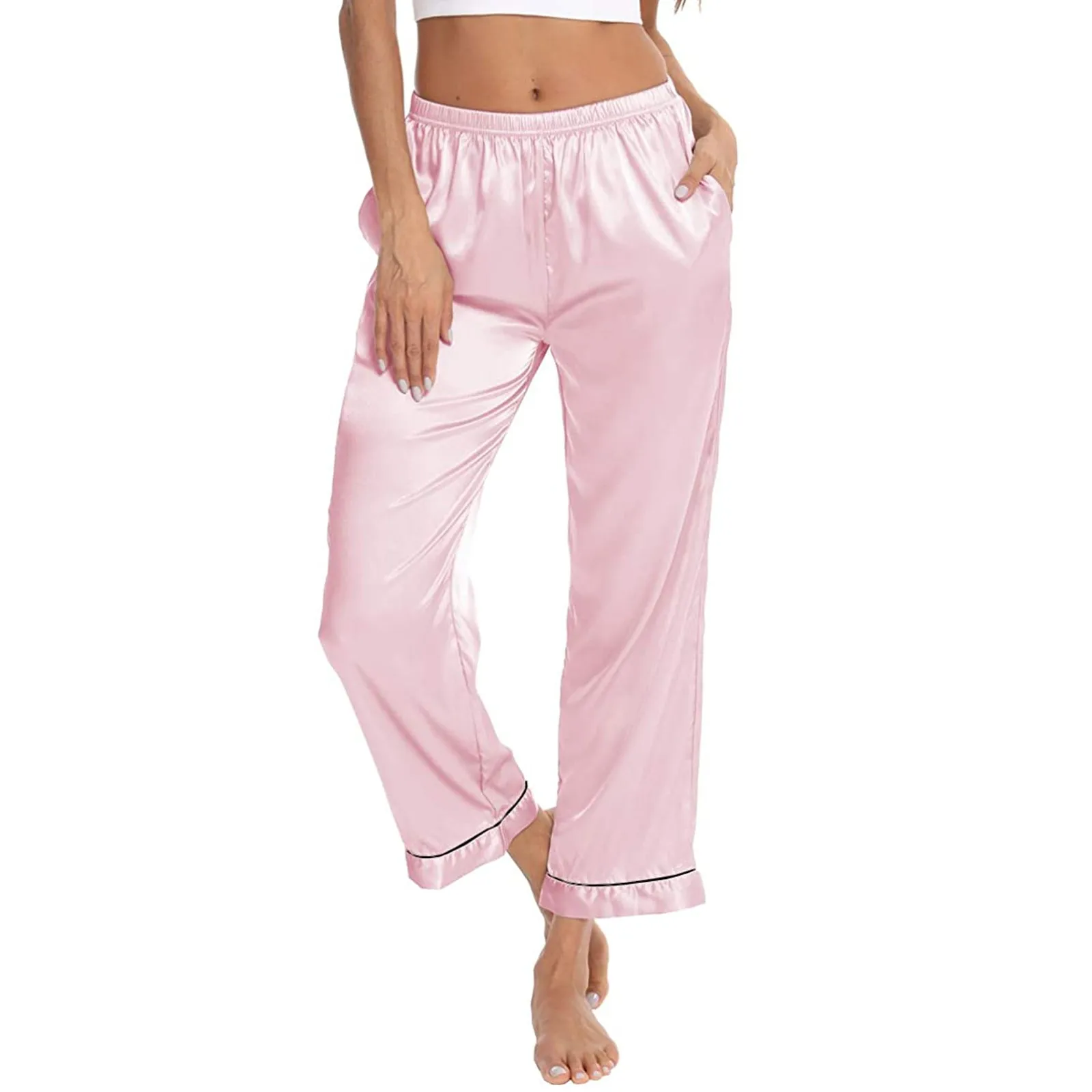 Women Silk Satin Pajamas Sleepwear Nightwear Loungewear Homewear Ankle Length Pants Floral Print Ladies Clothe pijama mujer Pink