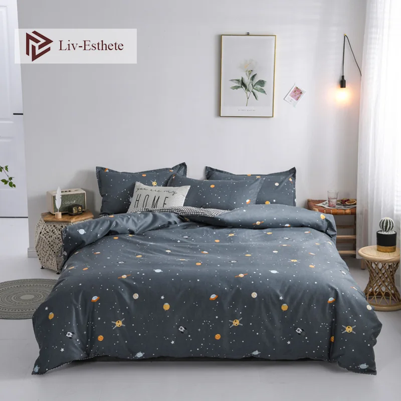 Liv-Esthete Fashion Star UFO Bedding Set Grid Duvet Cover Bedspread Flat Sheet Pillowcase Single Double Queen King Bed Linen | Дом и сад