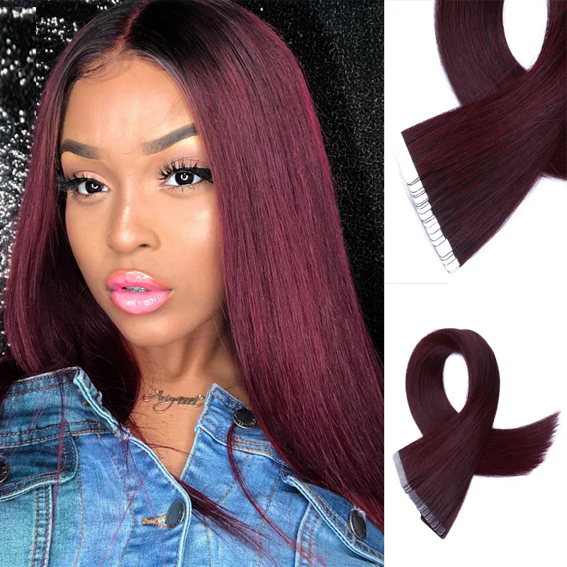 

Brazilain Remy Human Hair Tape In Extensions Wine Red Straight Double Side Seamless Adhesive Tape Skin European Remy Hair Women