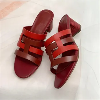 

Luxury Brand Slippers Woman Summer Chunky Med Heels Slip on Weaving Shoes Women Slides Chaussures Femme Mixed Colors Sandals