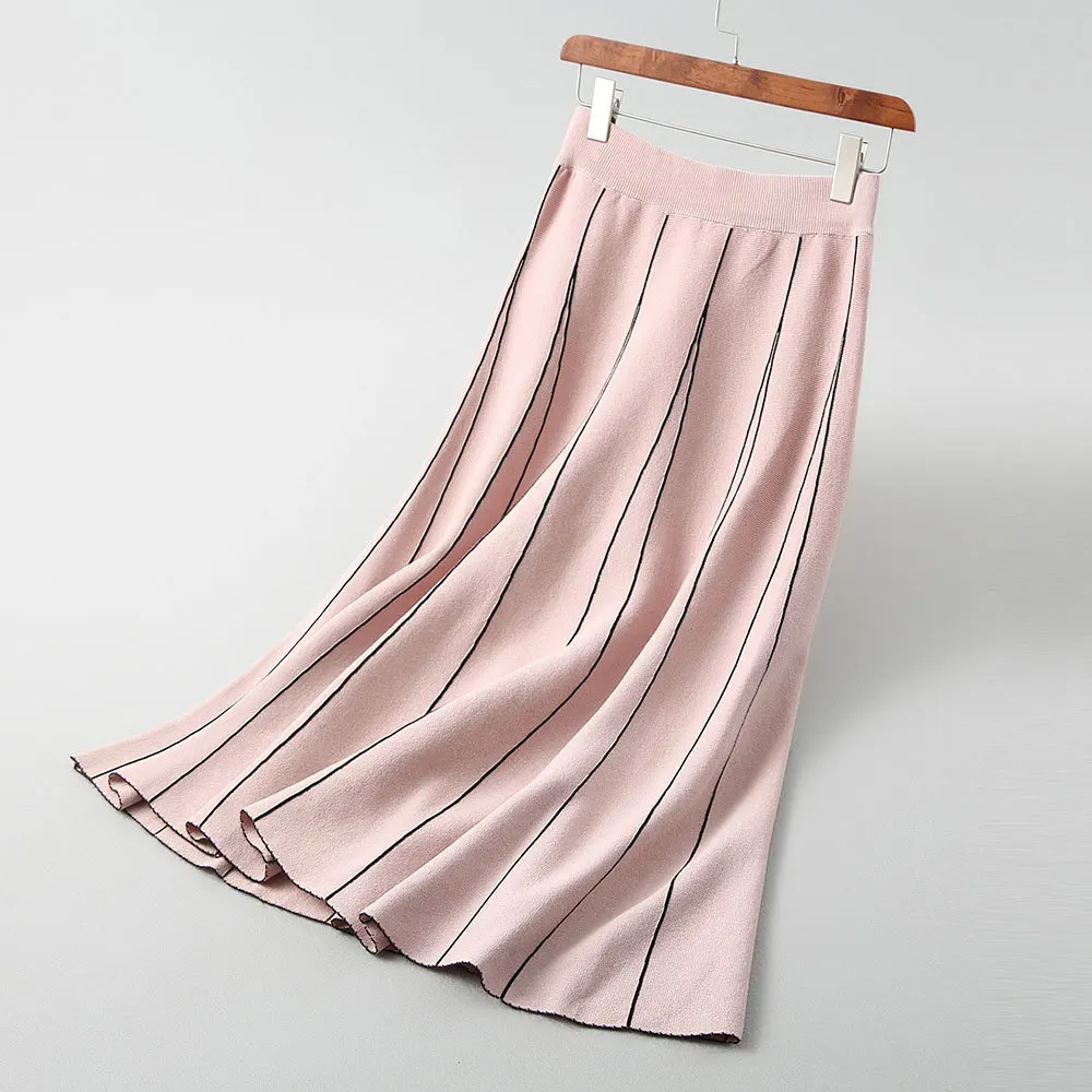 

2019 Women Knitting A-Line Skirt Stretch High Waist Vintage Women Pink Winter Long Skirt Good Quality Faldas Jupe Femme Saia