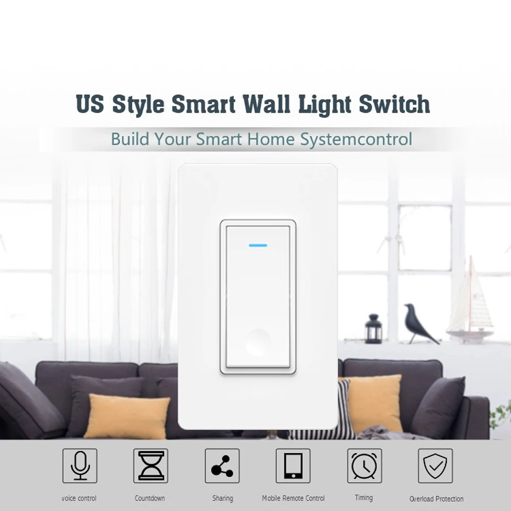 US Wifi Smart Light Switch 1 Gang Panel Wall Interruptor Touch Switch Control for Home US Standard Work with Alexa Google Home