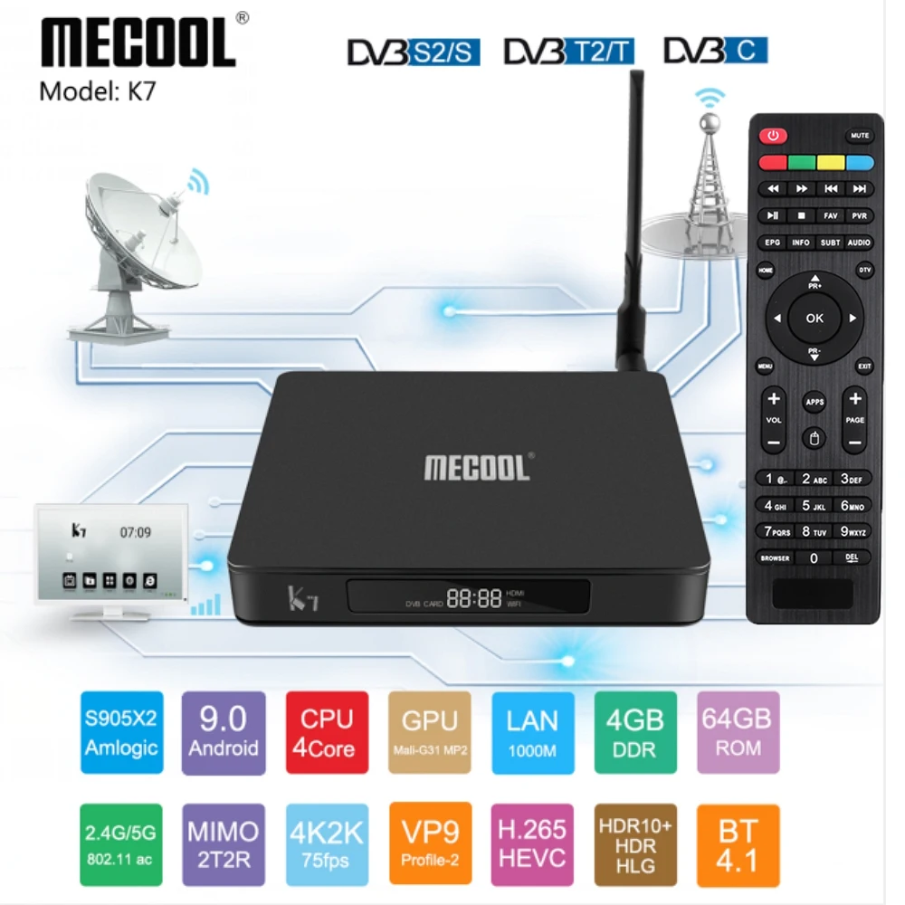ТВ-приставка MECOOL K7 DVB-S2-T2 TC Android 9,0 4 Гб LPDDR4 64 Гб Amlogic S905X2 2,4 ГГц+ 5 ГГц WiFi 1000 Мбит/с Bluetooth 4,1 HDR10 4K