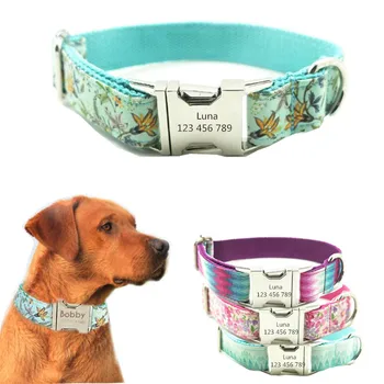

Personalized Dog Collar Nylon Dog Tag Collars Fashion Floral Printed Pet ID Tag Customized Nameplate for For Medium Large Dogs