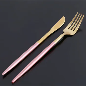 

2 Pcs/set Pink Gold Color Dinnerware Set Stainless Steel Western Cutlery Kitchen Food Tableware Dinner Set
