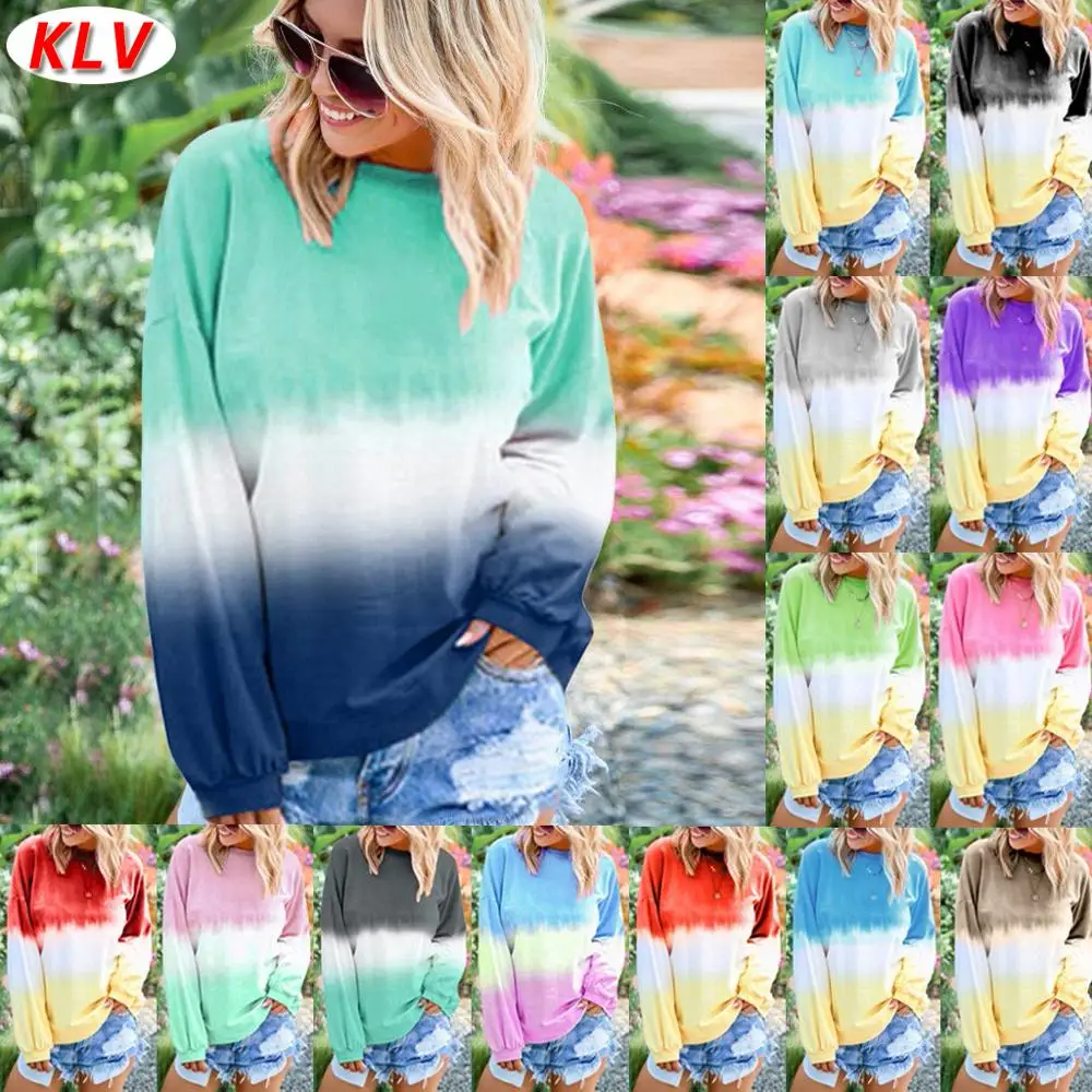 

KLV Winter Spring Women Sweatshirts Long Sleeve Casual O-Neck Gradient Contrast Color Tops Plus Size Pullover sudadera mujeS-5XL