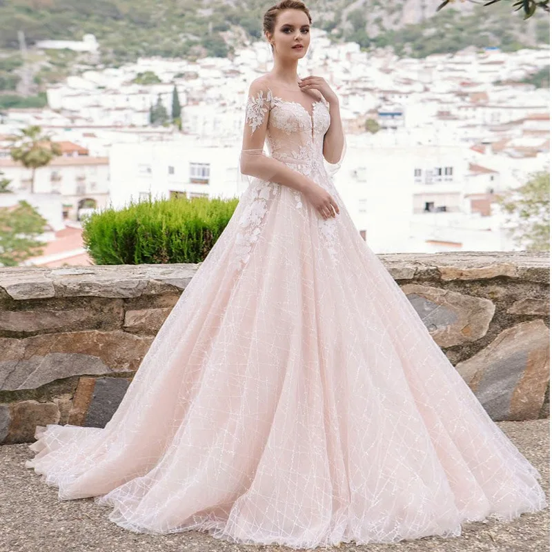 Шампанское Блестящее кружево Hochzeitskleid три четверти рукава Vestido Boda Иллюзия сзади свадебное платье цвета шампань кристаллы свадебное платье с поясом - Цвет: Шампанское