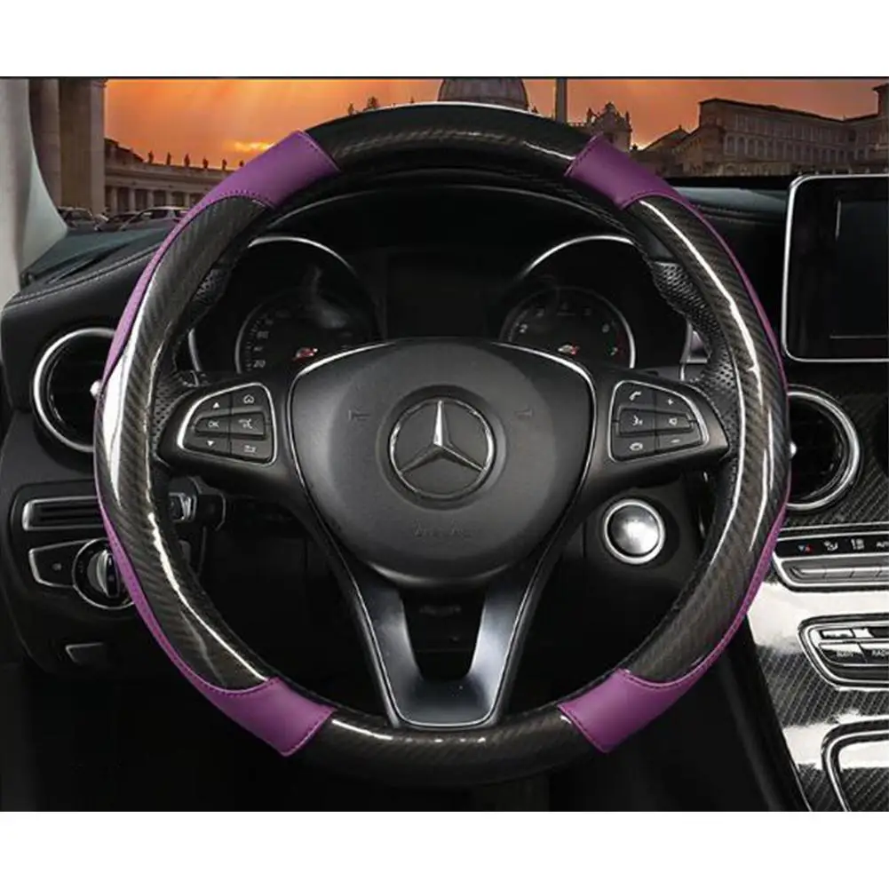 Black purple Universal 38cm Carbon Fiber Dual Color Auto Car Steering Wheel Cover Car Accessories - Название цвета: Black purple