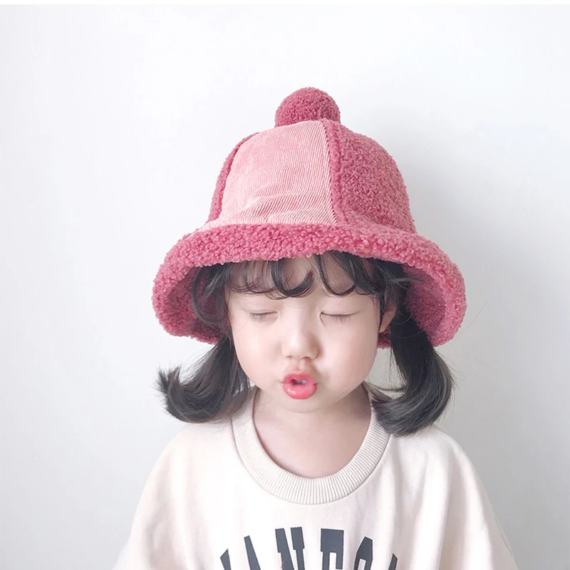 

2020 new Children Hat Autumn winter Teddy cute Velvet Fisherman fleece patchwork bucket Hats warm corduroy basin hats boys girls