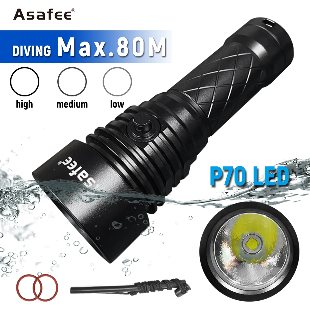 

Asafee A19S 80M Underwater Lantern XHP70 LED 2500LM Scuba Diving Flashlight 350M Range Torch Press Switch Lamp Waterproof
