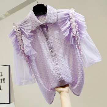 

Heavy Chain Diamond Doll Collar Shirt for Women Fashion Mesh Lace Fringed Crochet Hollow Perspective Purple Chiffon Blouse Blusa