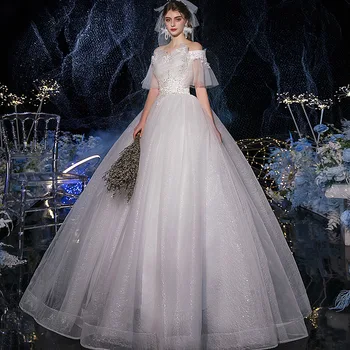 

Noble Boat Neck Princess Starry Sky Fairy Small Off White Simple Wedding Dress Beautiful Lace Plus Size Lace Up Robe De Princess