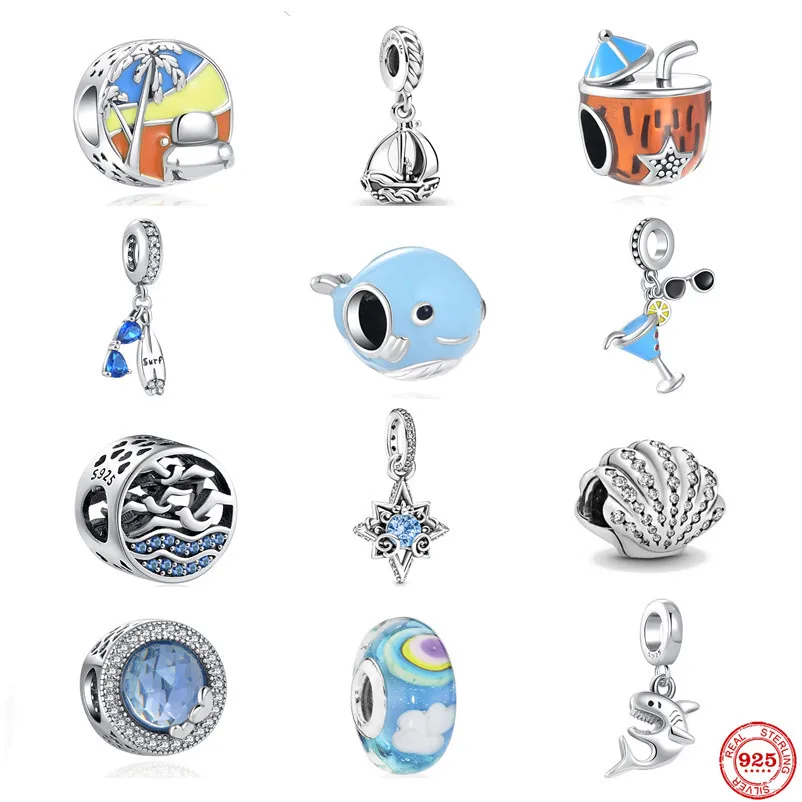 New 925 Silver Fine Sailboat Pendant Surfboard Charm Camera Seaside Bead Suitable For Original Pandora Bracelet DIY Lady Jewelry | Украшения
