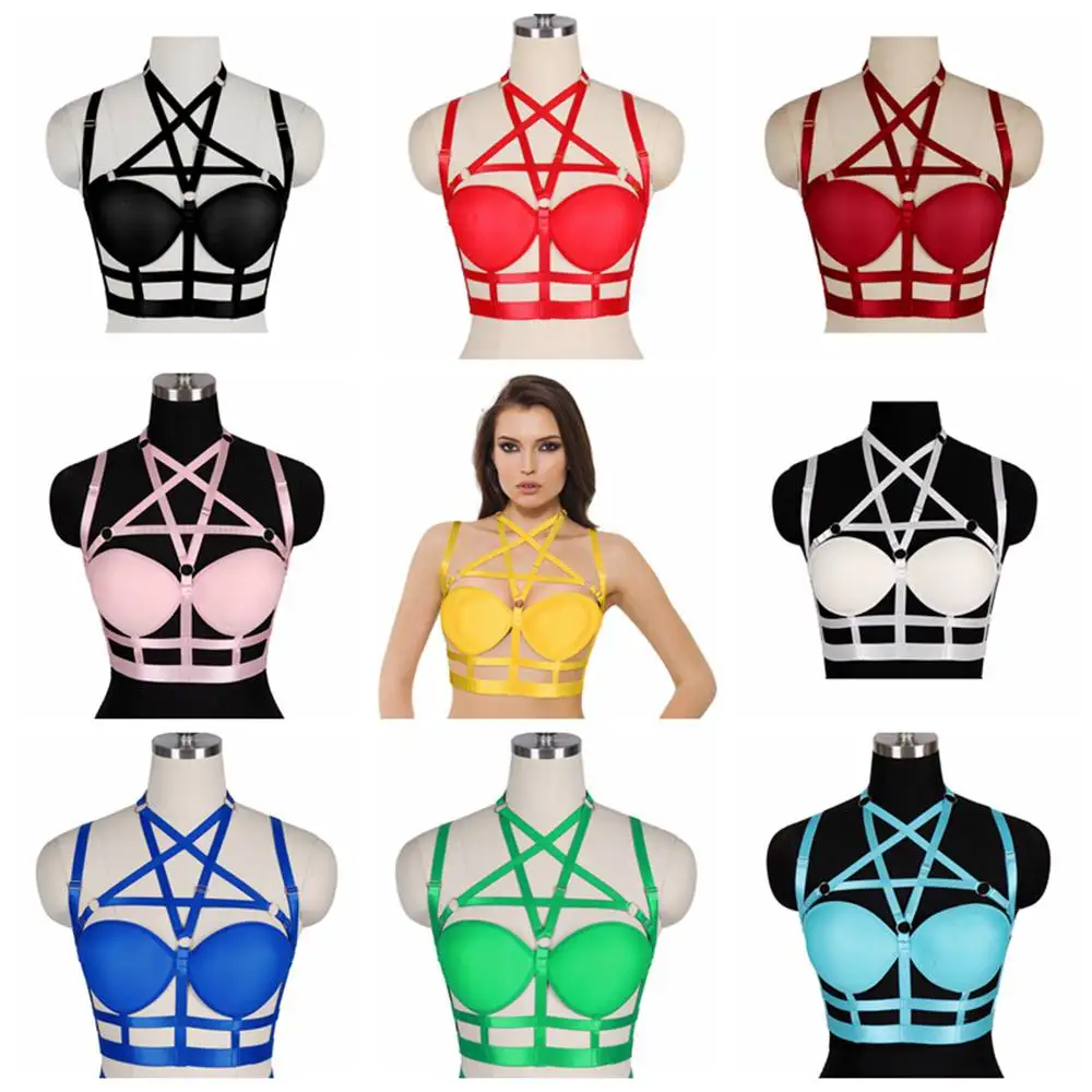 

Strappy Pentagram Harness Bra for Sexy Women Sexy Crop Top Body Cage Bralette Punk Goth Bondage Plus Size Festival Rave Garter