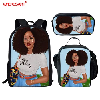 

WHEREISART African American School Bags Afro Art Lady Printing Kids School Bags Set for Teen Girl School Backpack with Lunch Box