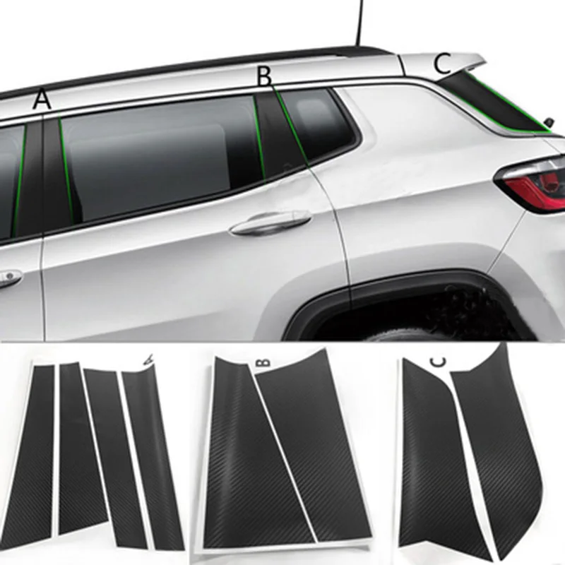 

6pcs Black Carbon Fiber Style Band C Pillar Plate Mask Window Sticker Decal Vinyl Film for Jeep Compass 2017 2018 2019
