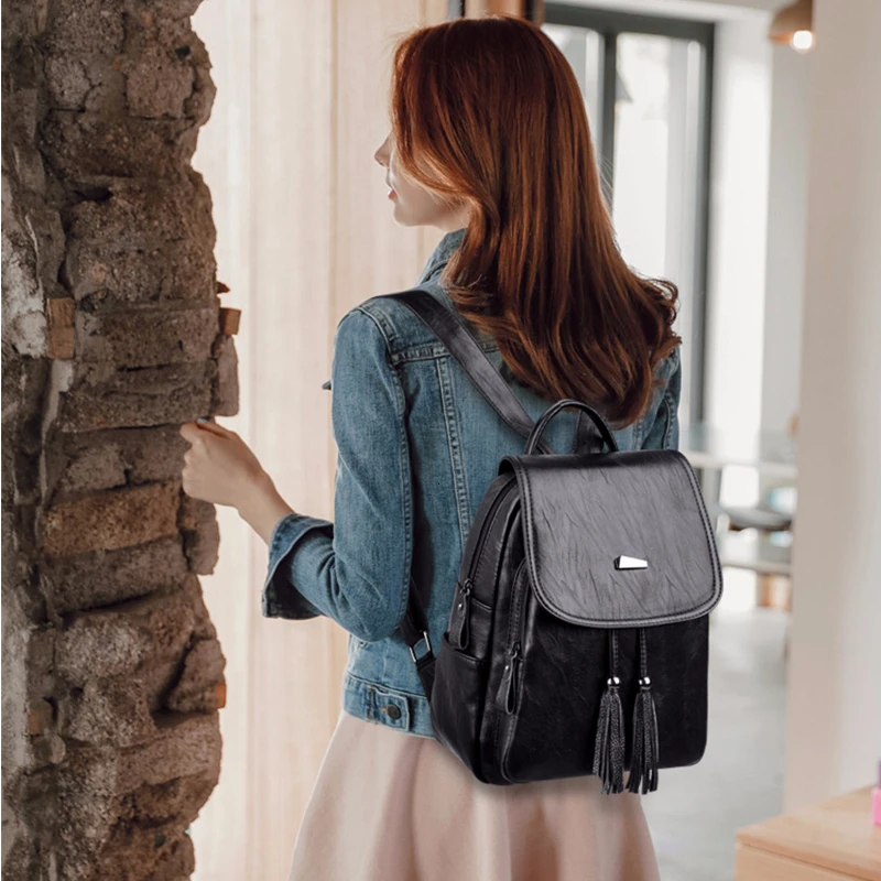 Новинка, женские кожаные рюкзаки для девочек, Mochilas, одноцветные, большая вместительность, рюкзак на каждый день, женский, винтажный рюкзак