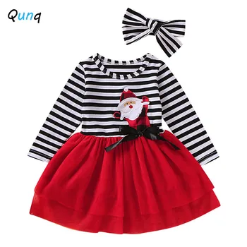 

Christmas Girls Dress Long Sleeve Striped Kids Clothes for Girls Cotton Mesh Toddler Children Princess Dresses with Headband