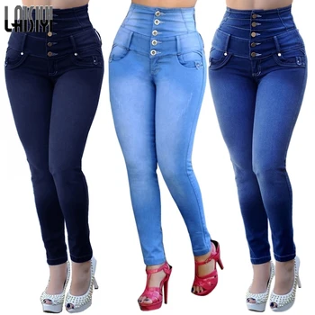 

LAISIYI Blue 5 Buttons High Waist Jeans Women 2019 Solid Pants Slim Pencil Pants Mujer Casual Autumn Winter Trousers ASPA20242
