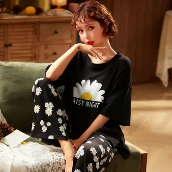 

Pajamas Set for Women 2020 Summer Flower Print Short Sleeve and Pants Sleepwear for Women 100% Cotton Home Clothes Pj Set Women
