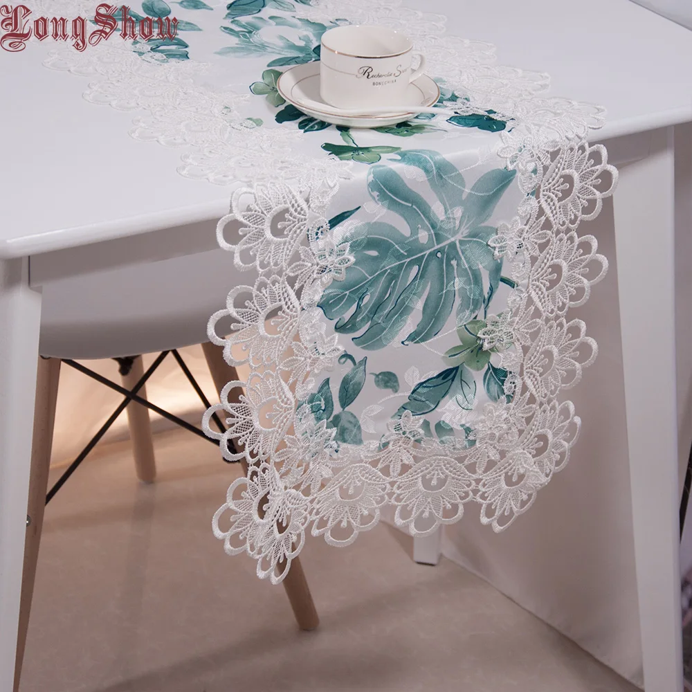 

Цветочный стиль Современная скатерть мягкая жаккардовая ткань вышитая кружевная отделка зеленый цвет ладони оставить ТВ подставка постельное белье Чехол для шкафа