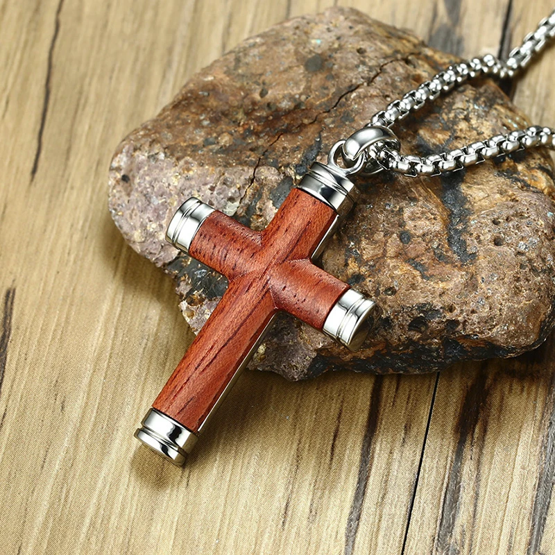 Vnox Vintage Rosewood Men Pendant Necklace Real Wood Wooden Stainless Steel Cross Office Jewelry drop shipping - Image 5