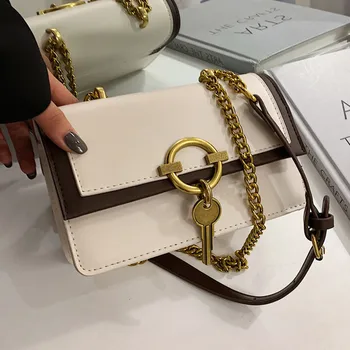 

Women's new key lock design shoulder bag personality fashion chain panelled handbag ladies texture hard cover small square bag