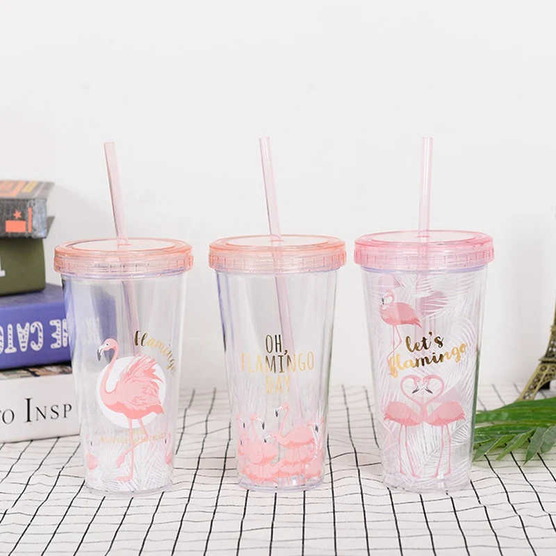 

Pink Flamingo Plastic Cups With Straw Cute Cartoon Drinking Container Double Wall Coffee Tea Milk Juice Water Cup Creative Gift