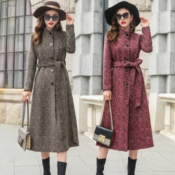 

New Woolen Coat Women Mid-length Fashion Belt Slim Thick Tweed Overcoat Temperament Autumn Winter Clothing Cashmere Coat Z696