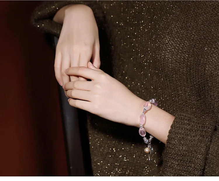Uglyless Transparent Pink Crystals Beading Bracelets for Women Elastic Rope Bracelets Real 925 Silver Lotus Charms Bangles BR341