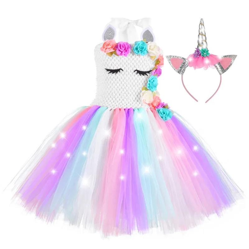 Girl Unicorn Dresses for Girls Tutu Princess Party Dresses with LED Lights Flower Birthday Party Cosplay Costume Girls Clothing girls dress princess costume