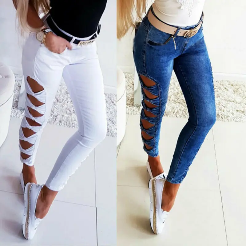 

Women Denim Slim Skinny Ripped Pants High Waist Stretch Jeans Pencil Trousers UK